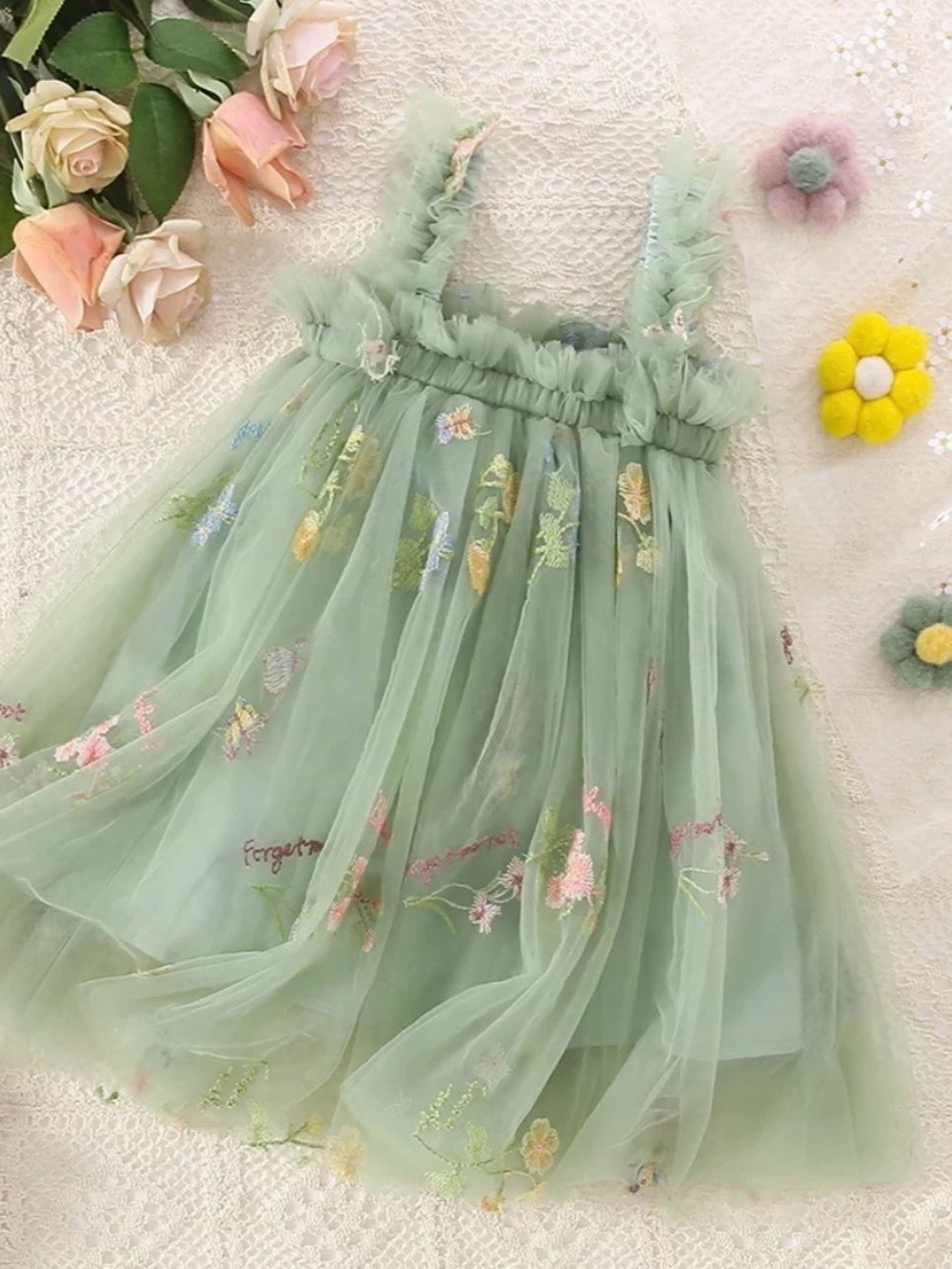 Girl’s Sage Green Floral Embroidered Fairy Princess Birthday Tulle Dress